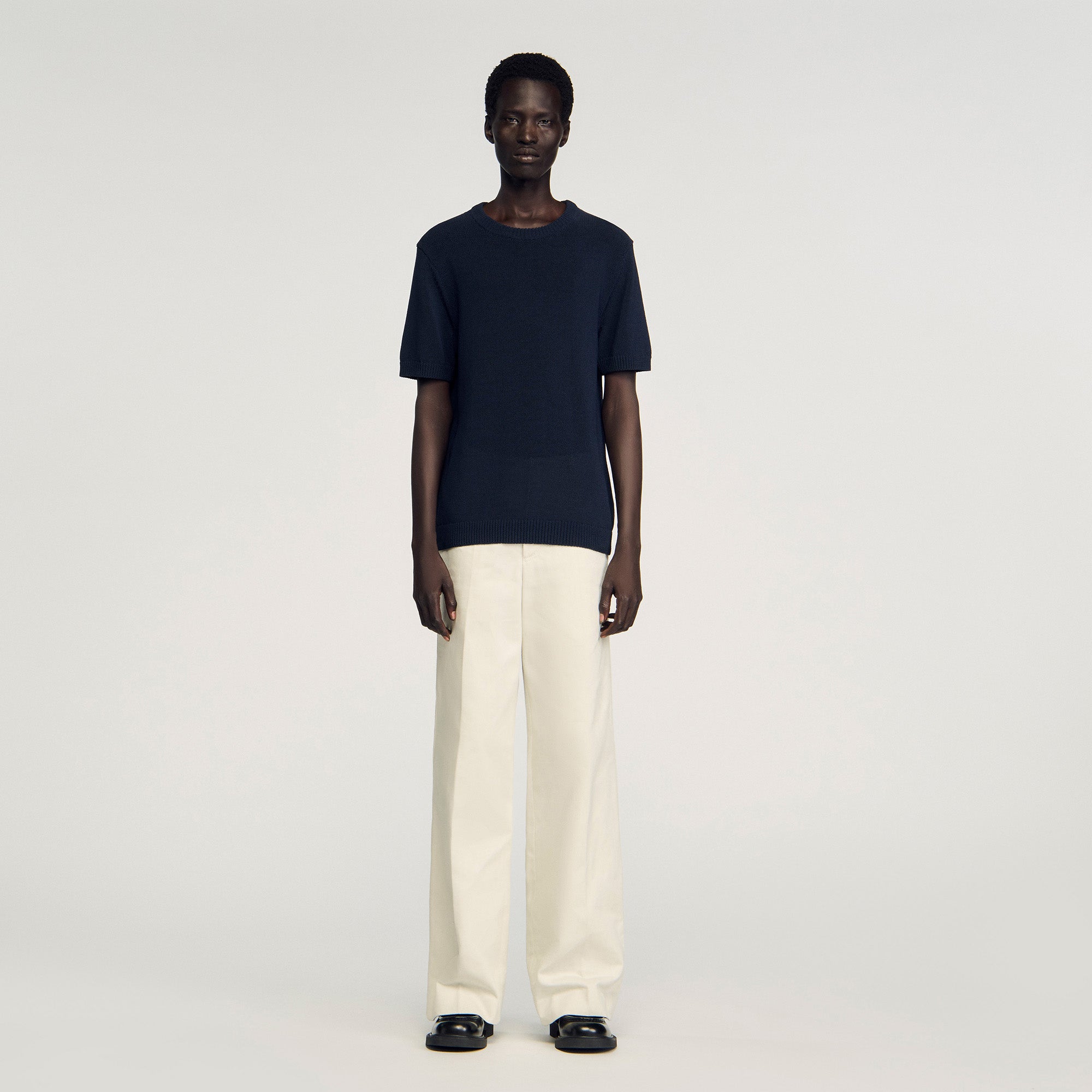 Cotton Knit Tee Fine Knit T-Shirt Navy Blue