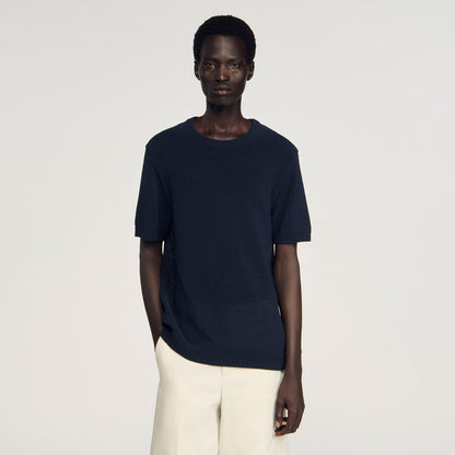 Cotton Knit Tee Fine Knit T-Shirt Navy Blue