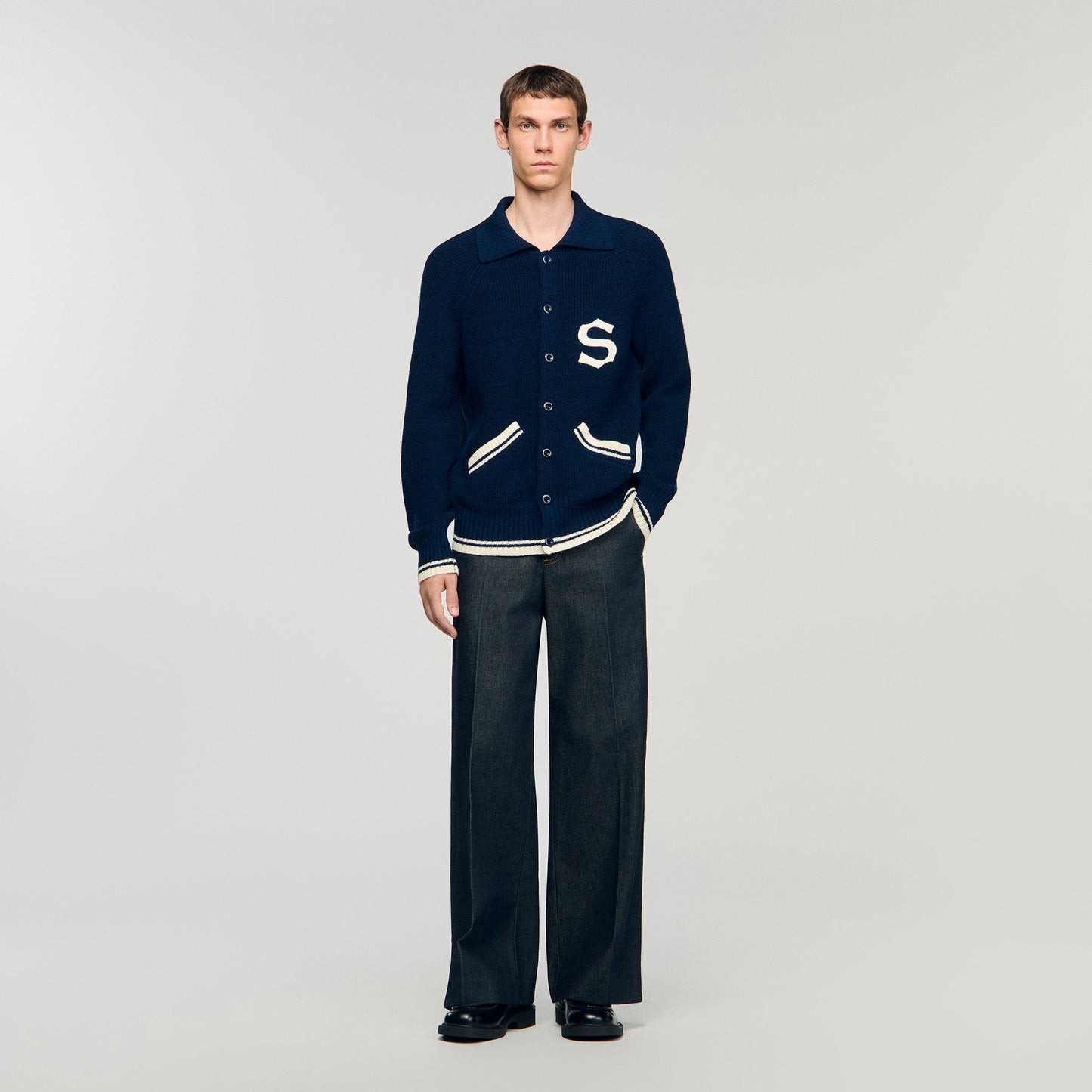 Varsity Cardigan Wool Cardigan With Patch S Navy Blue