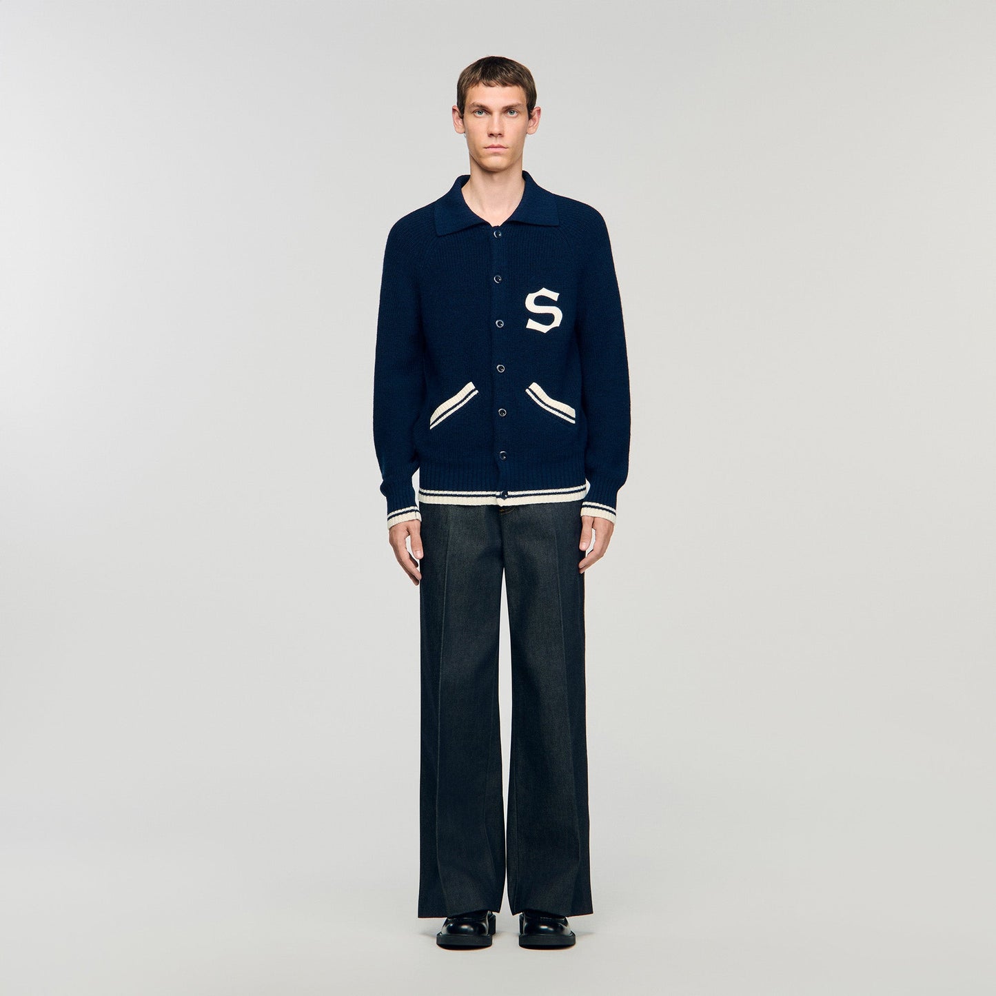 Varsity Cardigan Wool Cardigan With Patch S Navy Blue