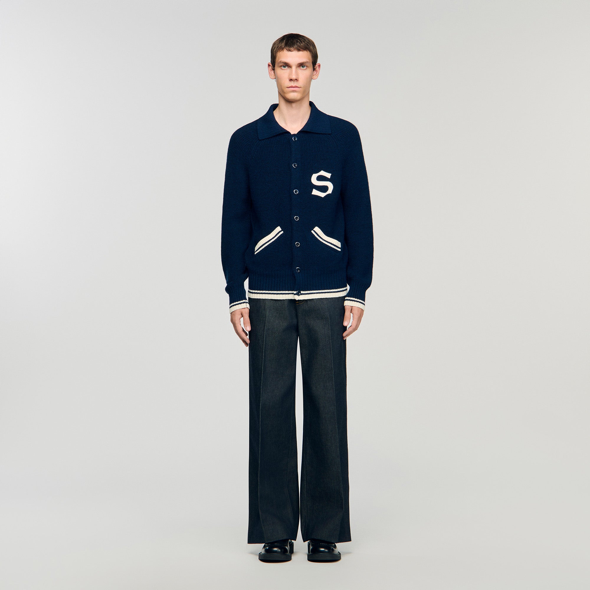 Varsity Cardigan Wool Cardigan With Patch S Navy Blue