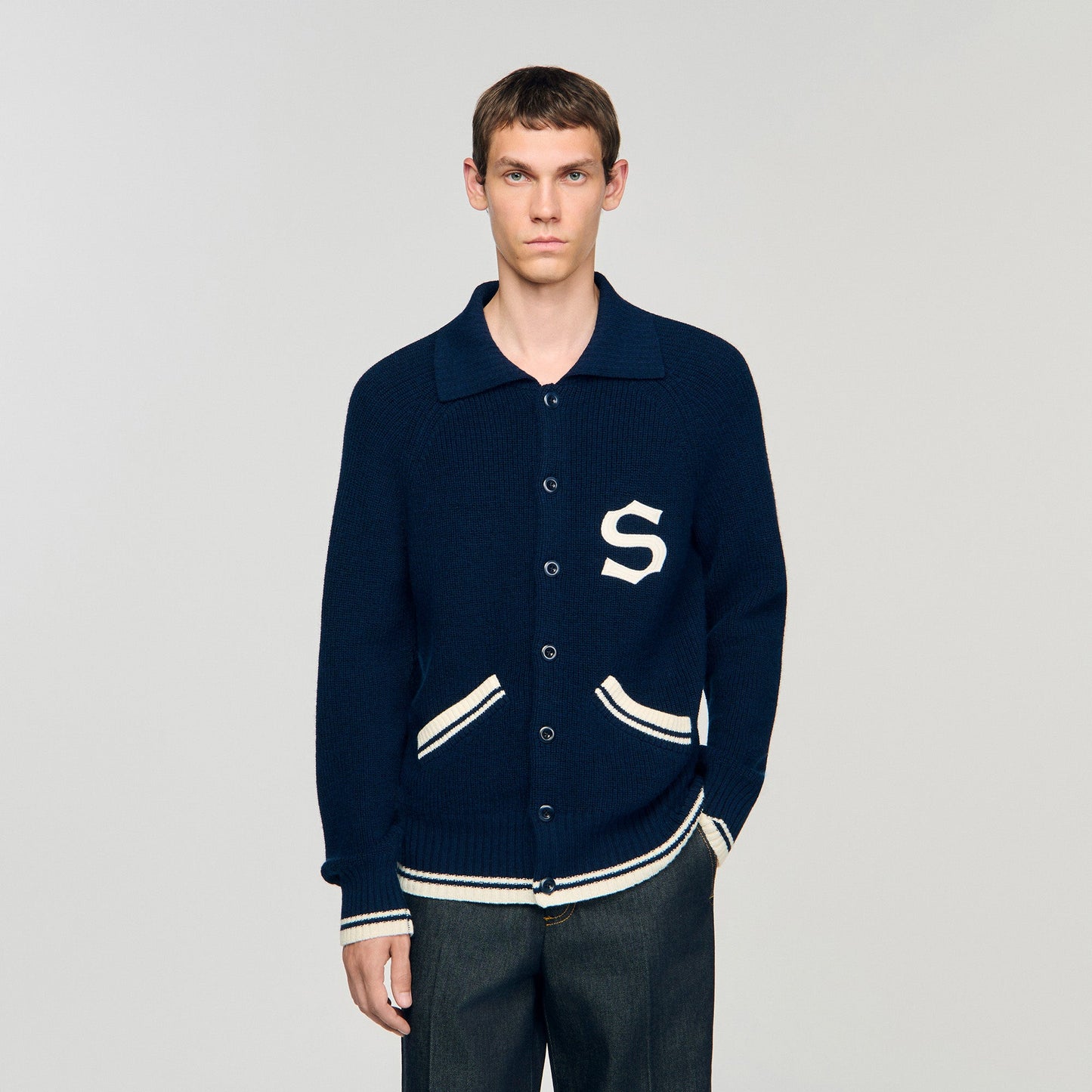 Varsity Cardigan Wool Cardigan With Patch S Navy Blue