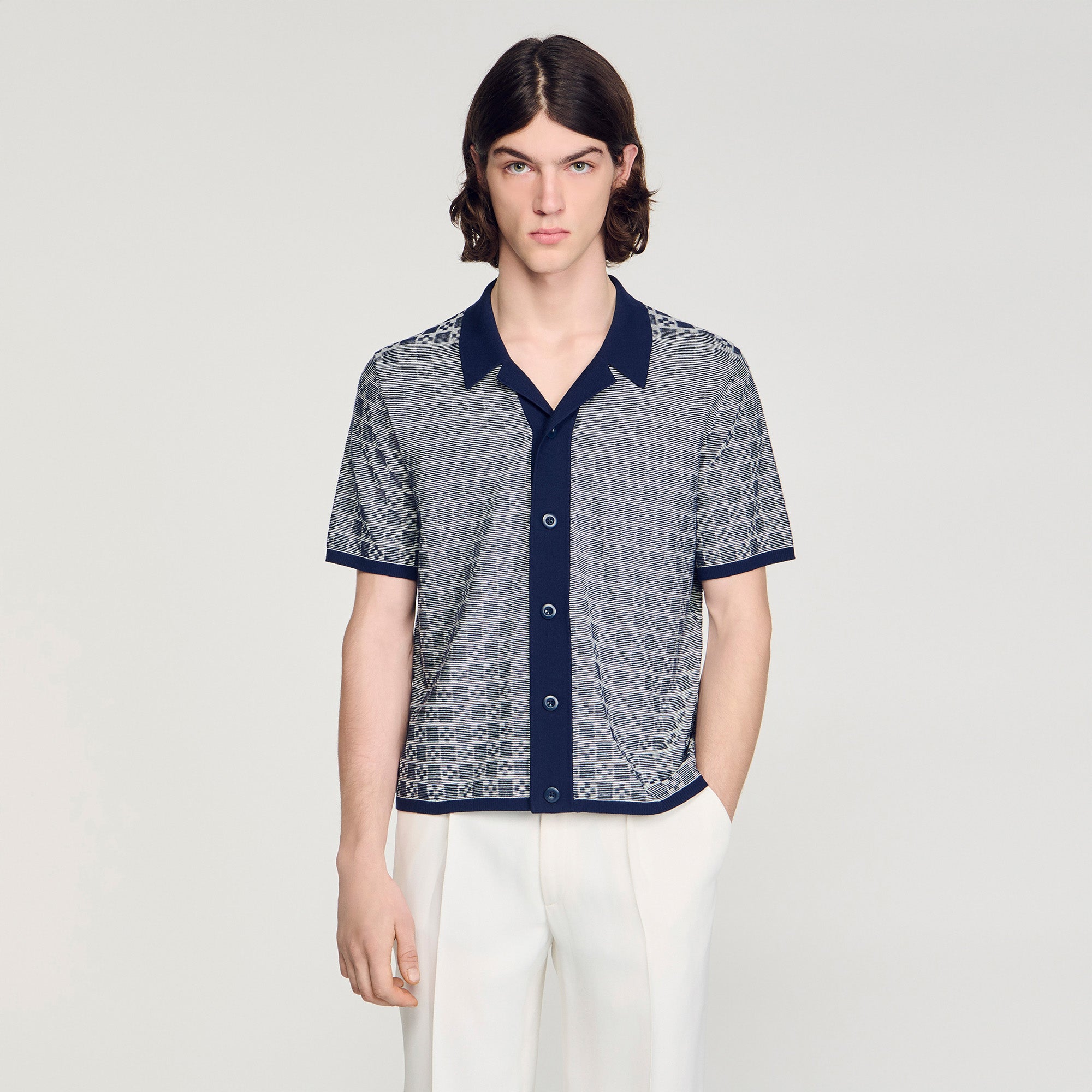 Cross Knit Shirt Square Cross Jacquard Shirt Navy Blue