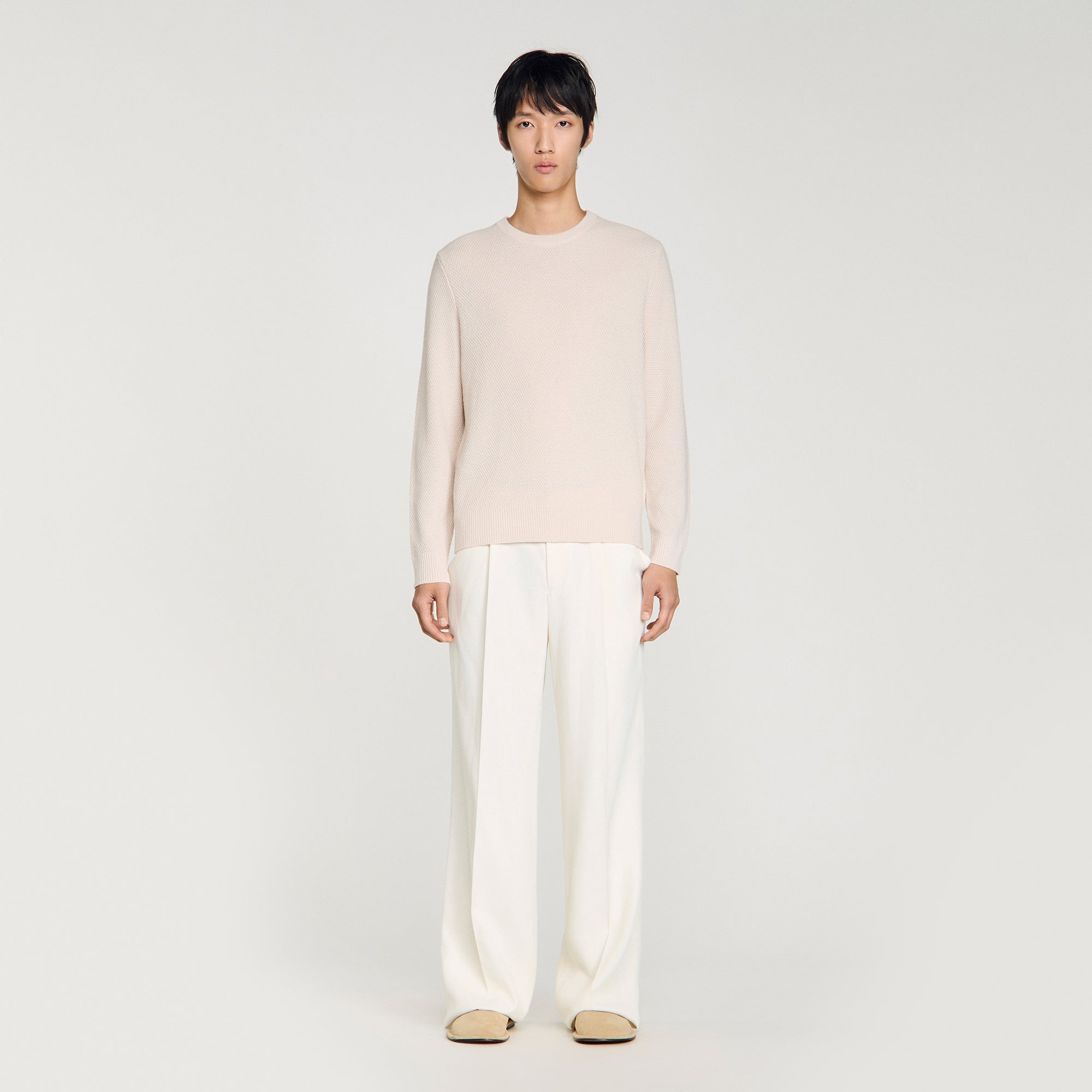 New Rice Wool Crew-Neck Sweater In Seed Stitch Ecru
