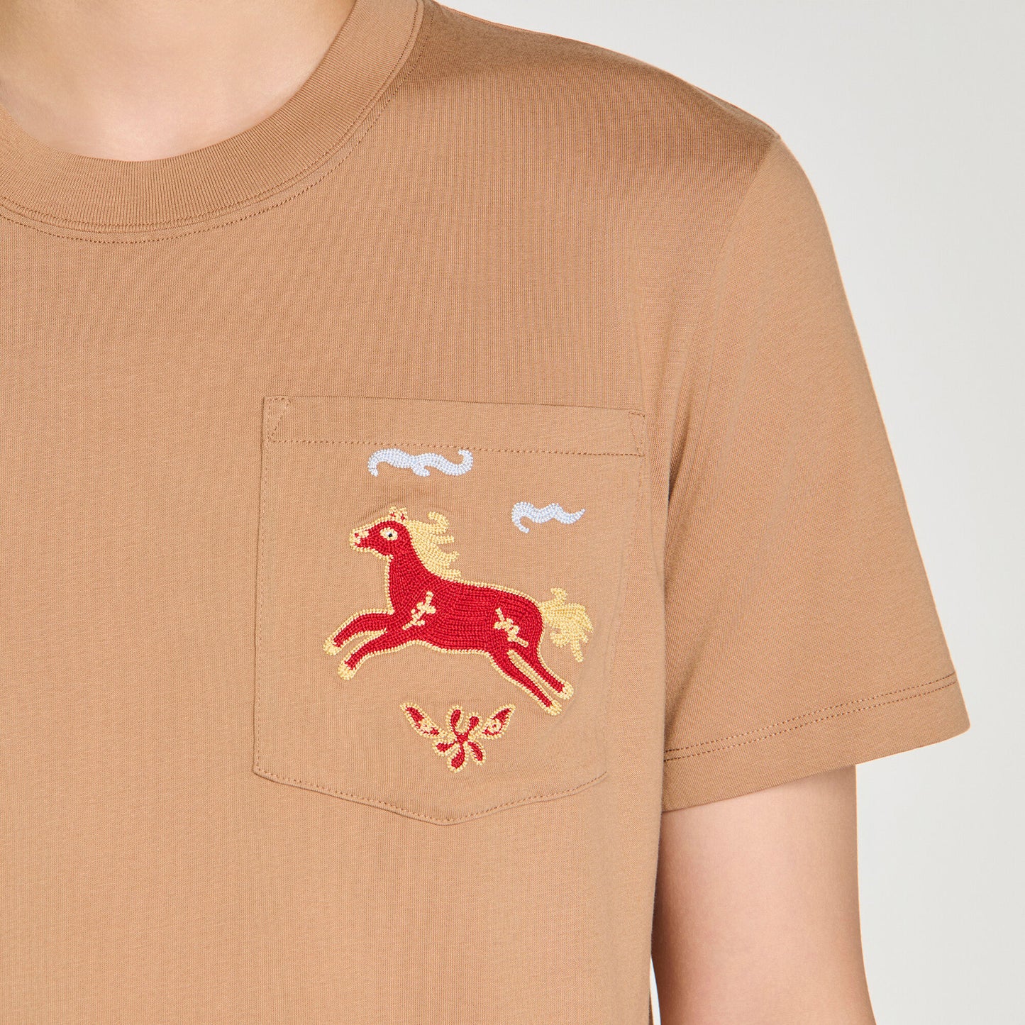 Horse Tee Embroidered Horse Cotton T-Shirt Beige