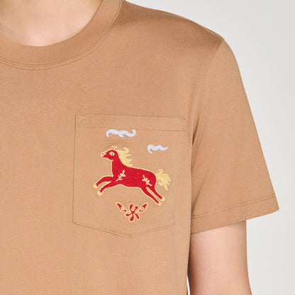Horse Tee Embroidered Horse Cotton T-Shirt Beige