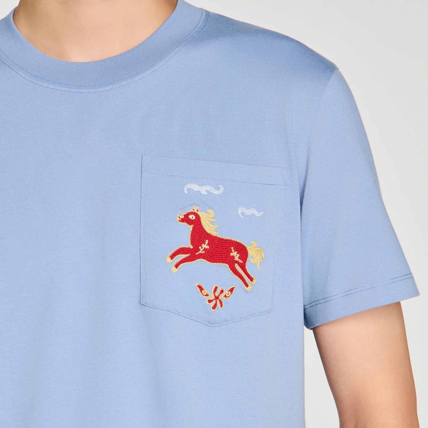 Horse Tee Embroidered Horse Cotton T-Shirt Sky Blue
