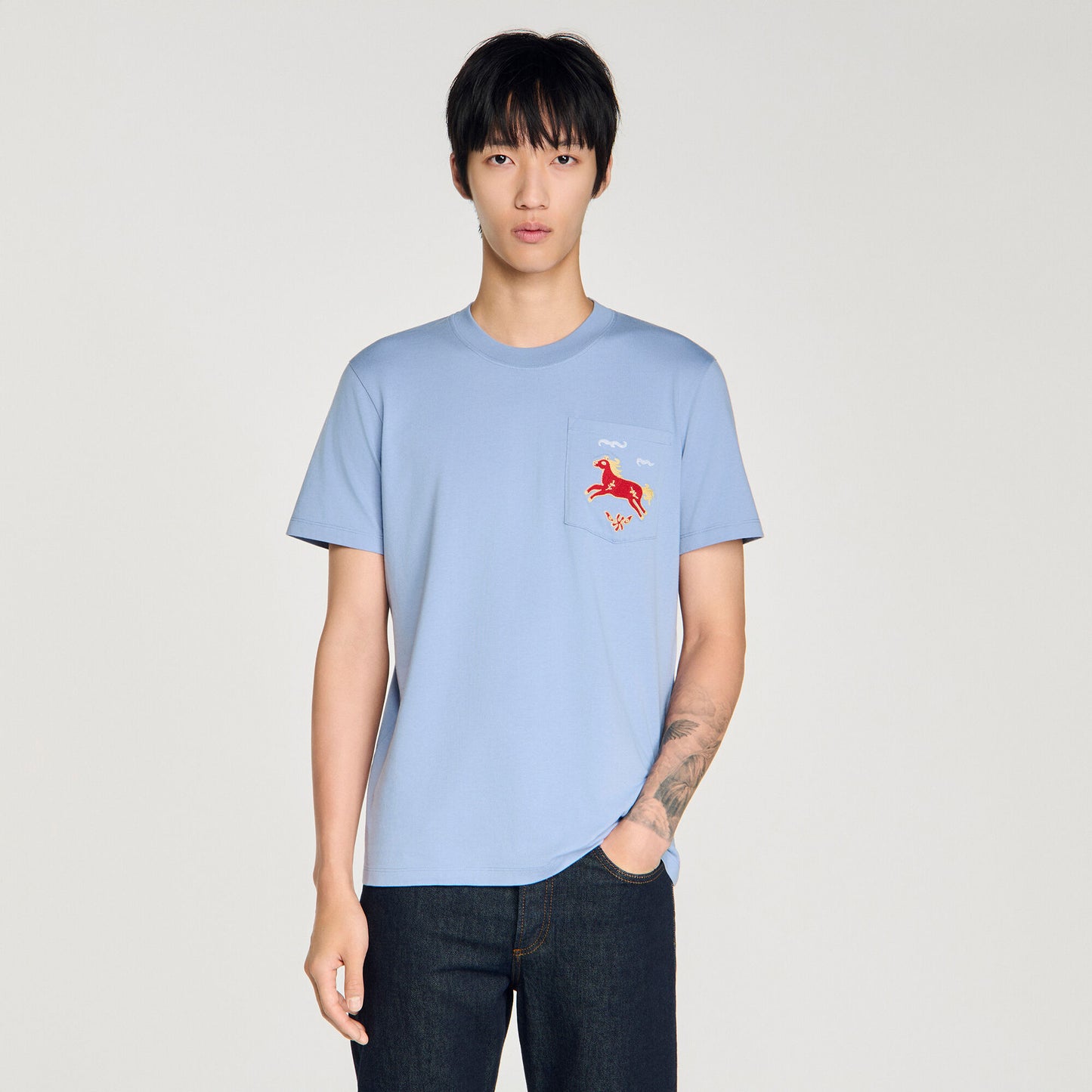 Horse Tee Embroidered Horse Cotton T-Shirt Sky Blue