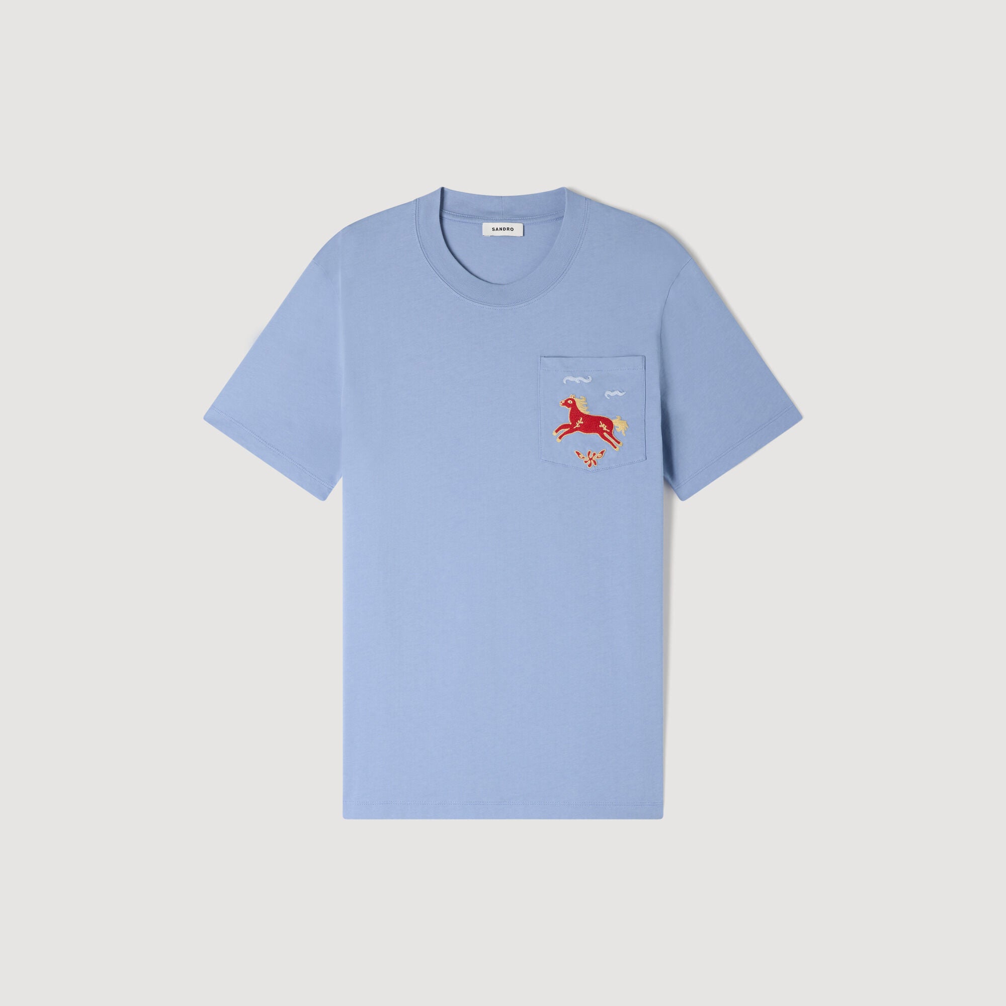 Horse Tee Embroidered Horse Cotton T-Shirt Sky Blue