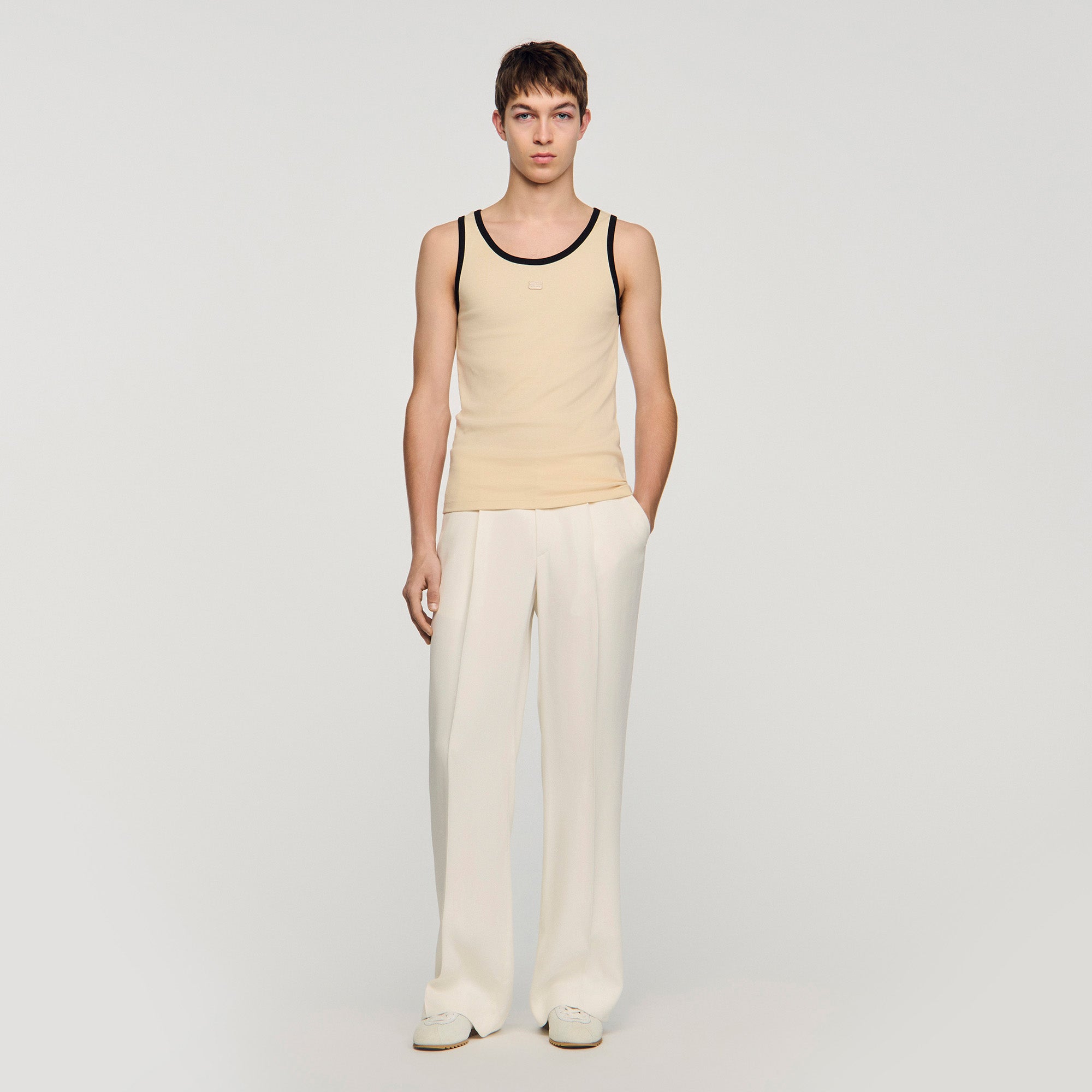 Cotton Vest Top With Patch Sand