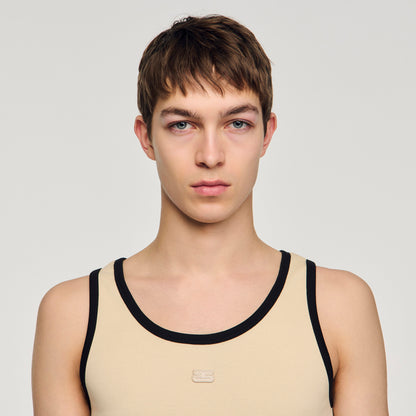 Cotton Vest Top With Patch Sand