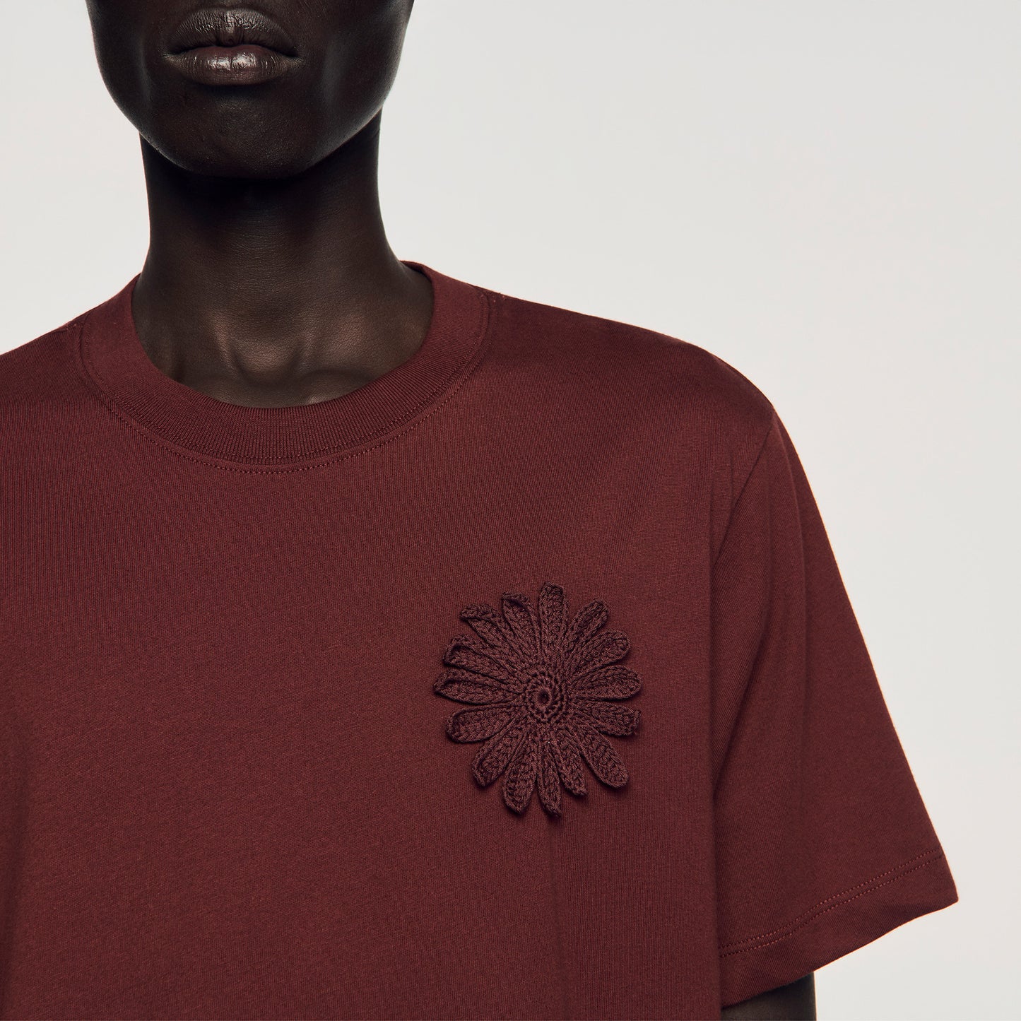 Crochet Flower Tee Cotton Crochet Flower T-Shirt Chocolate