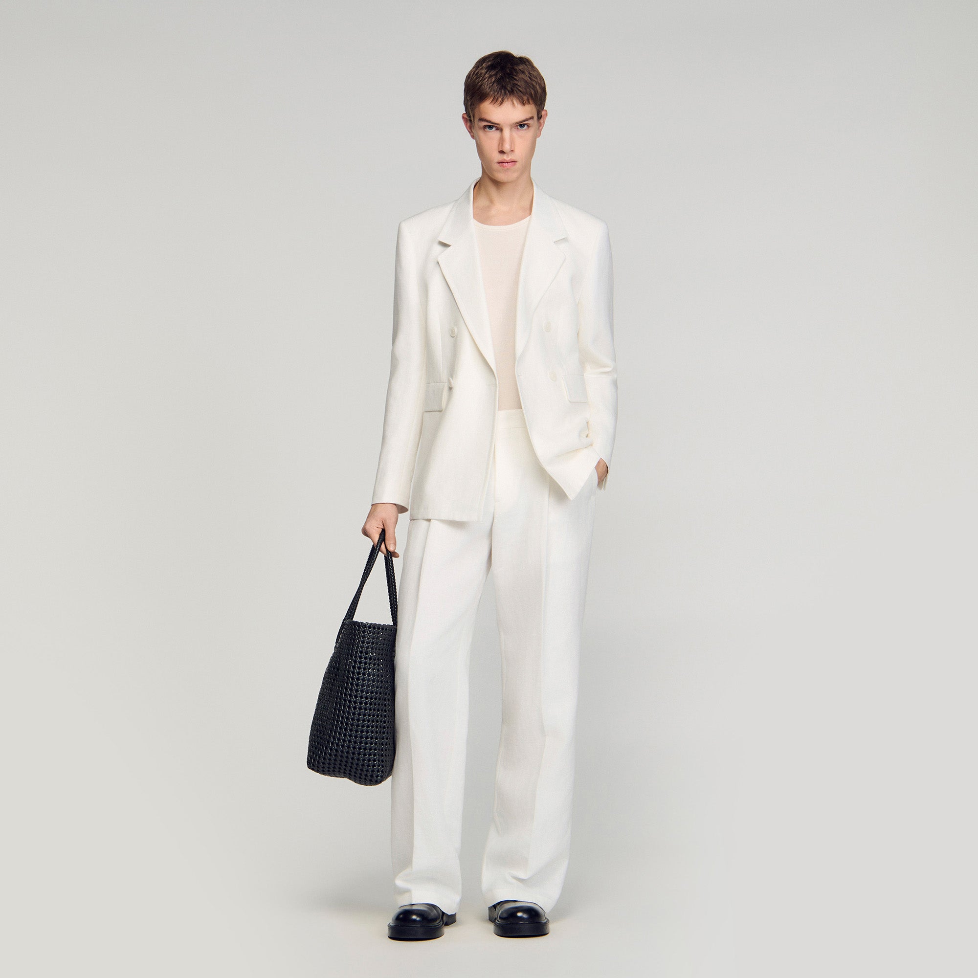 Croise Mode Lin Double-Breasted Linen Suit Jacket WHITE