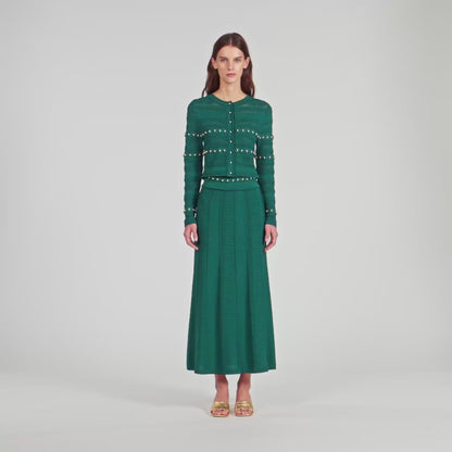 Vanea Beaded Textured Knit Skirt Dark Green