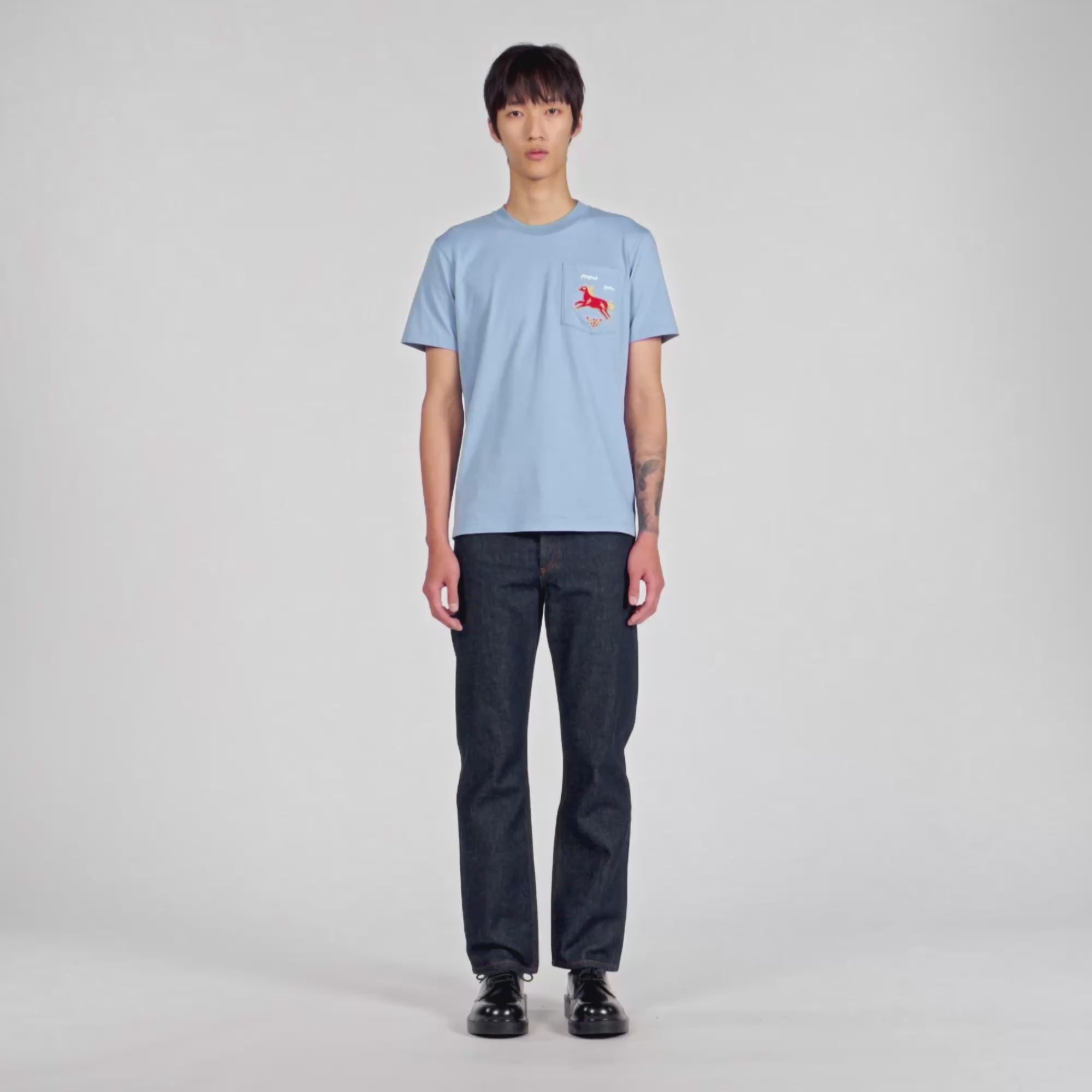 Horse Tee Embroidered Horse Cotton T-Shirt Sky Blue