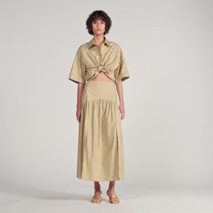 Brasilia Long Rhinestone Cotton Skirt Beige