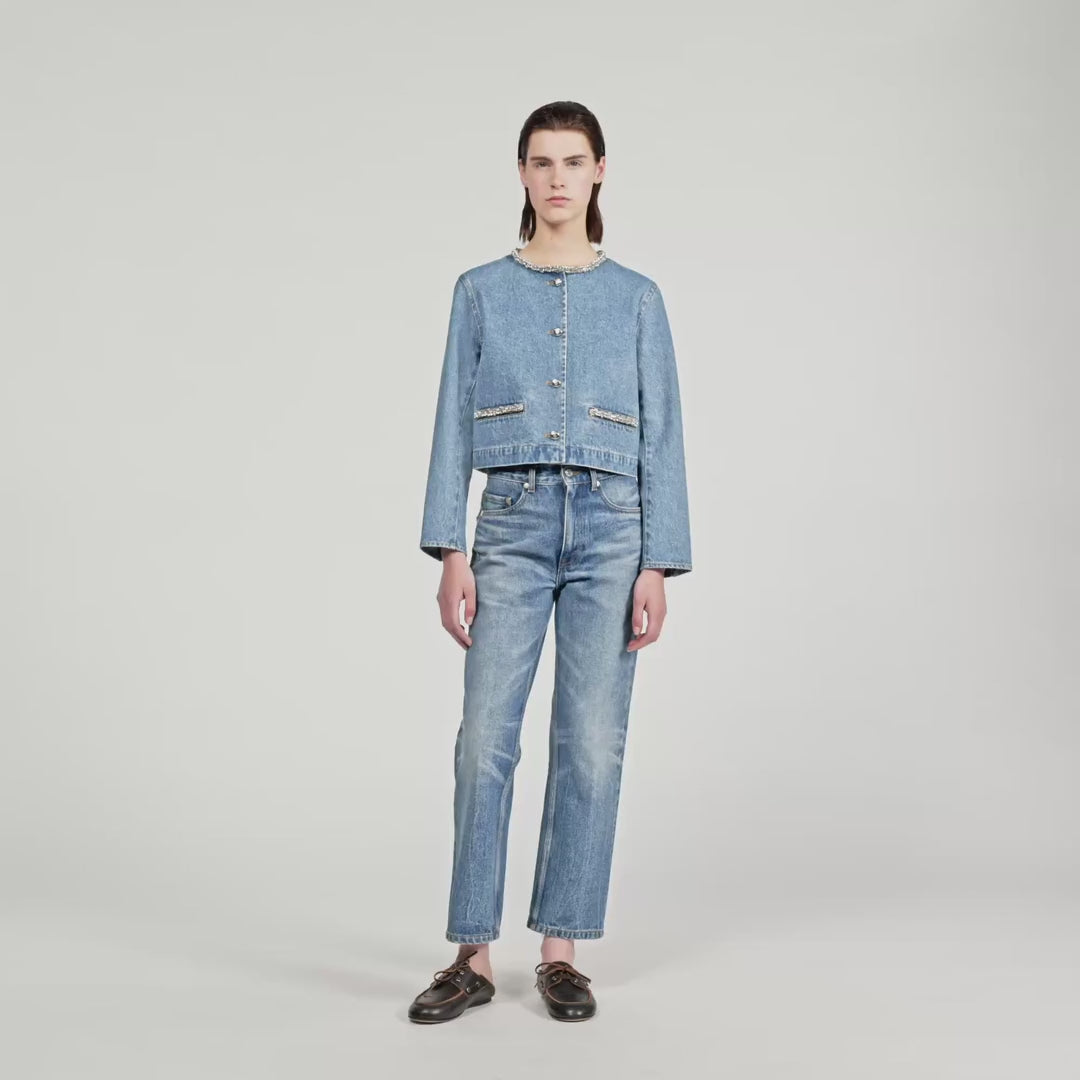 N*e様 arulee v-collar denim jacket Shop Erzelia Rhinestone Denim Jacket Blue Jean for Woman Online