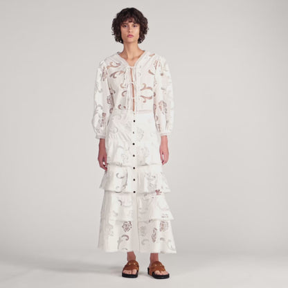 Lucienne Long Openwork Cotton Skirt Ecru