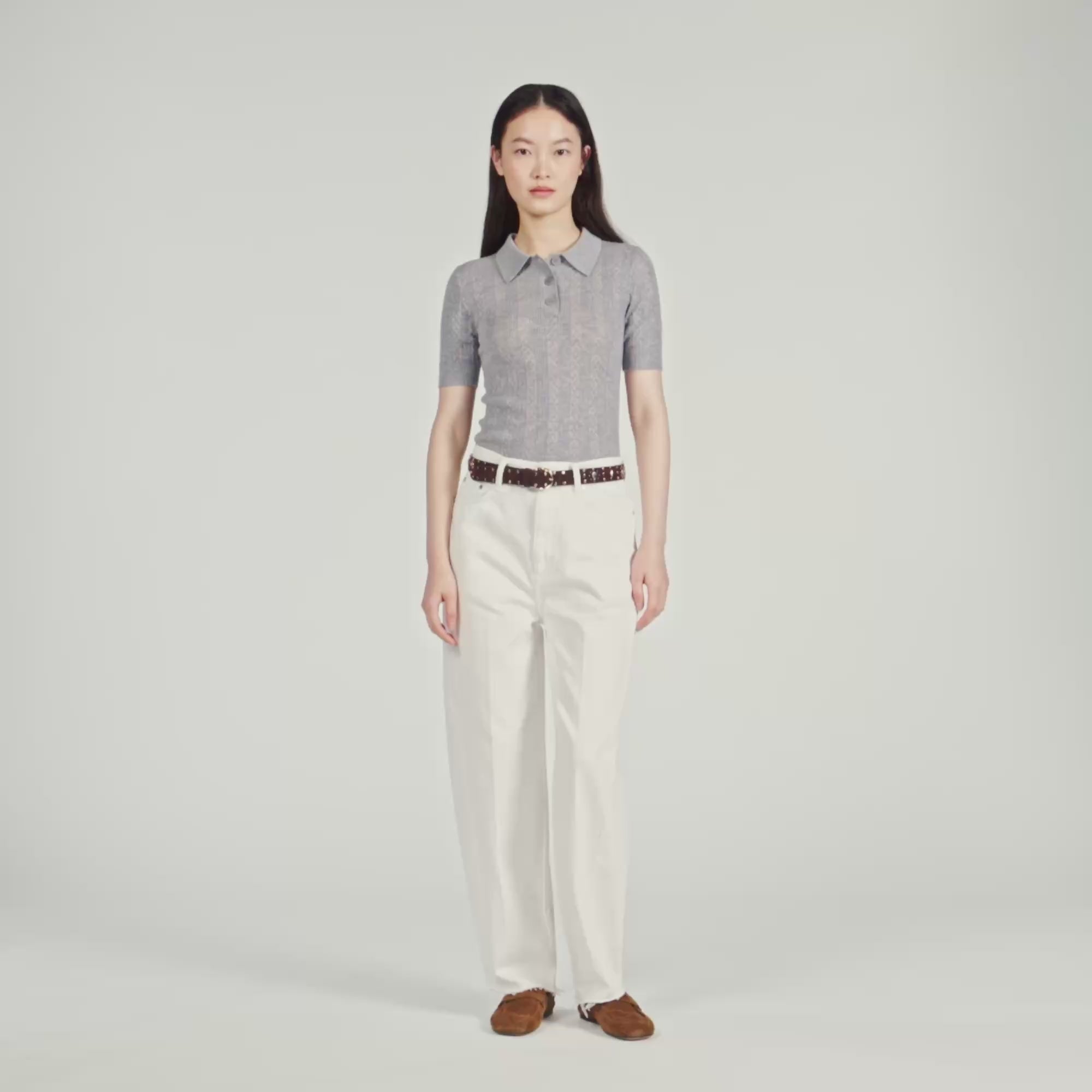 Lessio Pointelle Polo-Neck Wool Jumper Grey