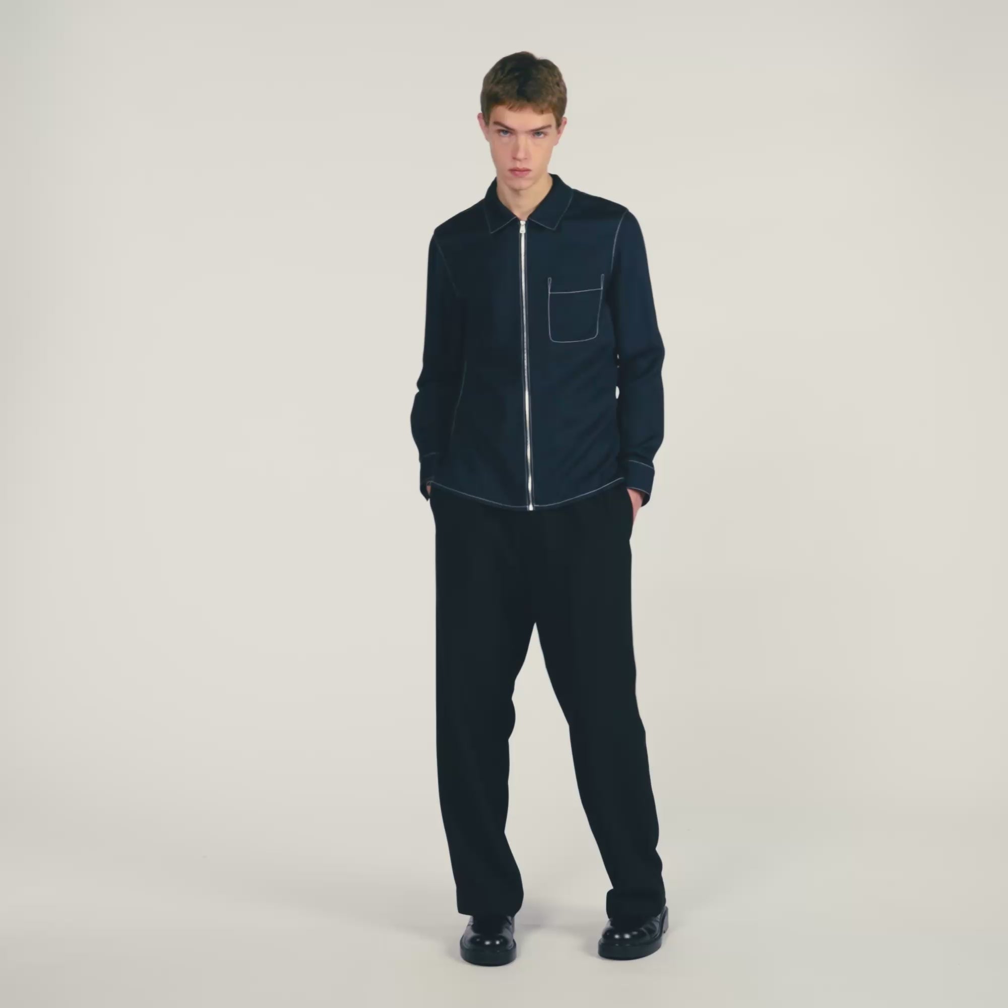 Stitched Zip Shirt Loose-Fit Zip-Up Shirt NAVY BLUE