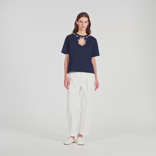 Santafe Rhinestone Openwork T-Shirt Navy Blue