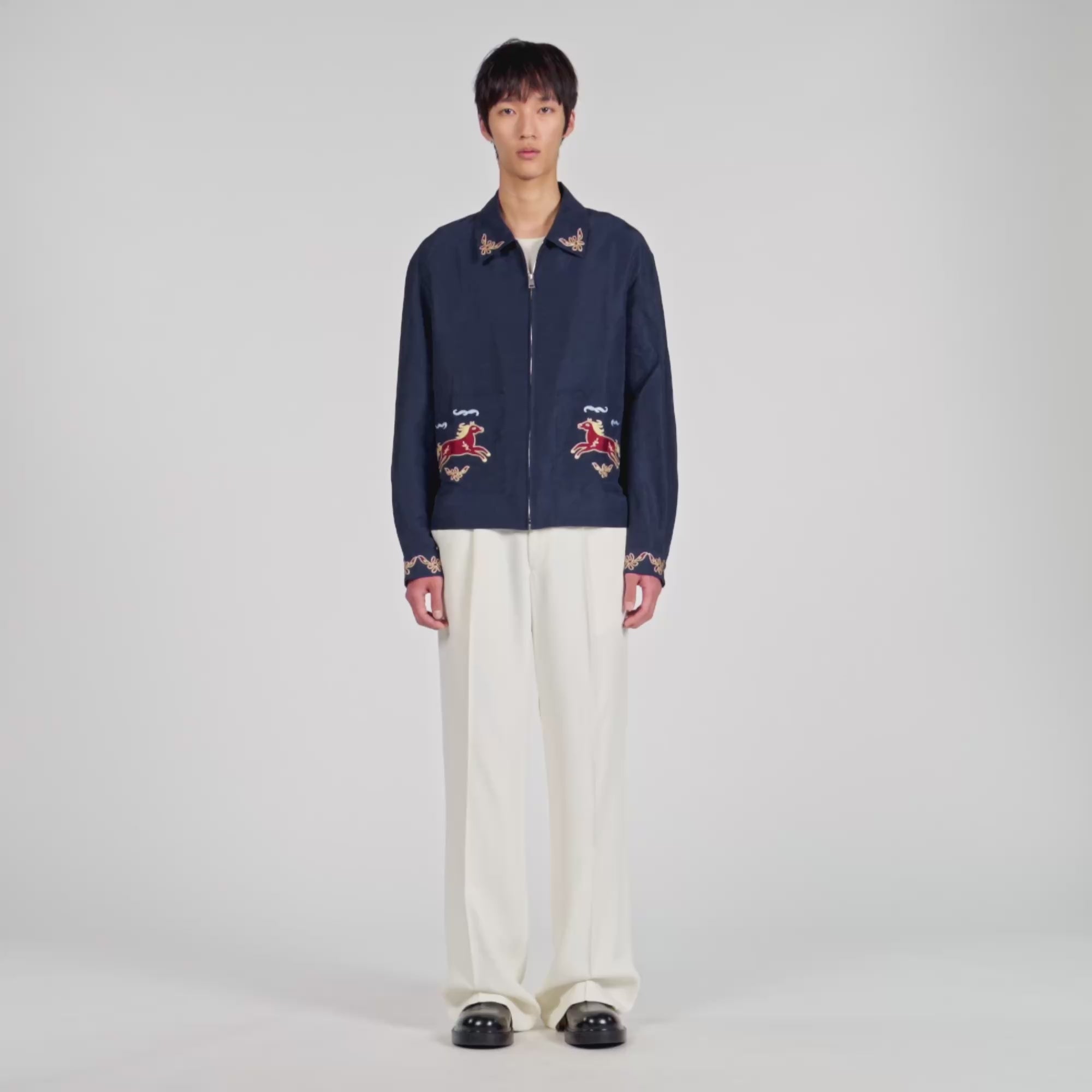 Horse Jacket Embroidered Wing Collar Jacket Navy Blue