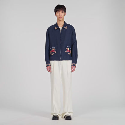 Horse Jacket Embroidered Wing Collar Jacket Navy Blue