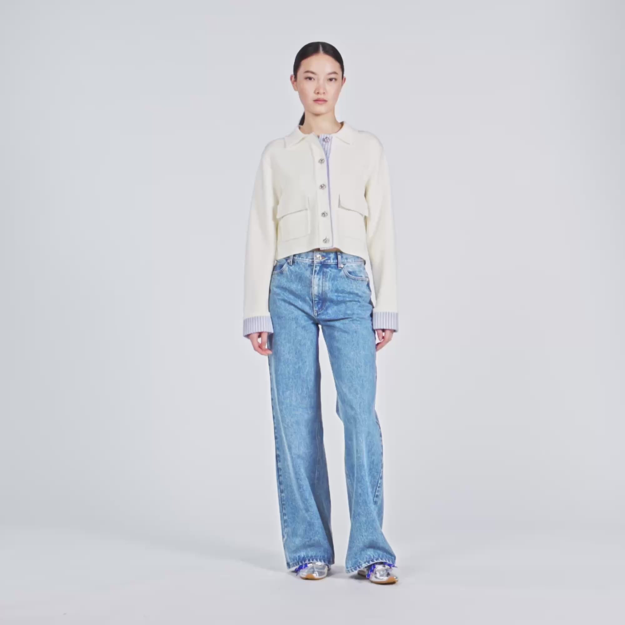 Bruxelles Polo Cardigan With Poplin Details Ecru