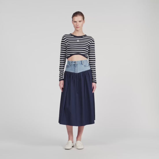 Aubin Short Striped Tee With Pearl Collar Navy Blue