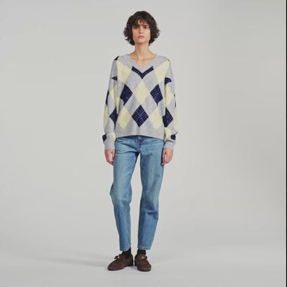 Jennie Rhinestone Argyle jumper Grey / Yellow