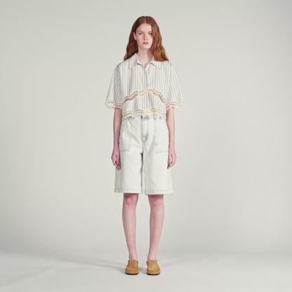 Artemie Cropped Striped Cotton Shirt Ecru / Bleu