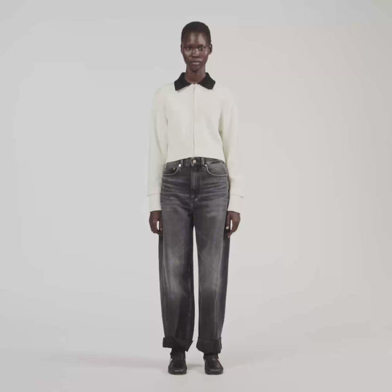 Maya Cable knit velvet collar cardigan Ecru