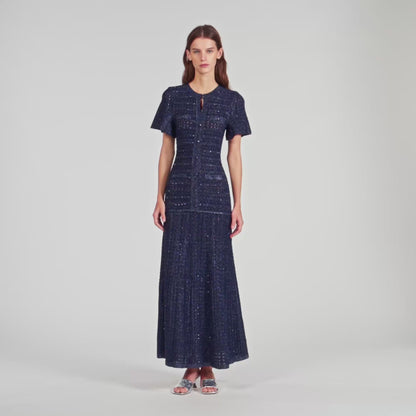 Diane Rhinestone Knit Maxi Dress Navy Blue