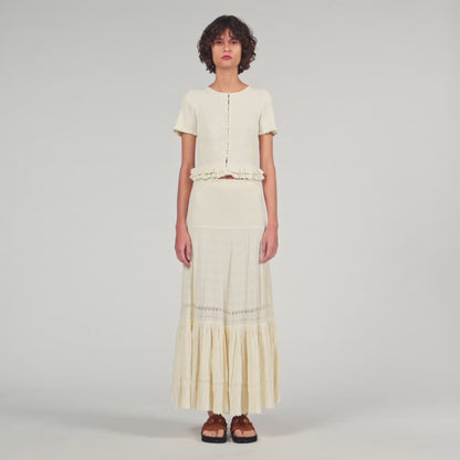 Ruffled Knit Cardigan Ecru