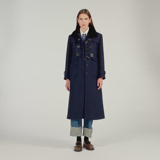 Seane Long Coat With Velvet Collar Navy Blue