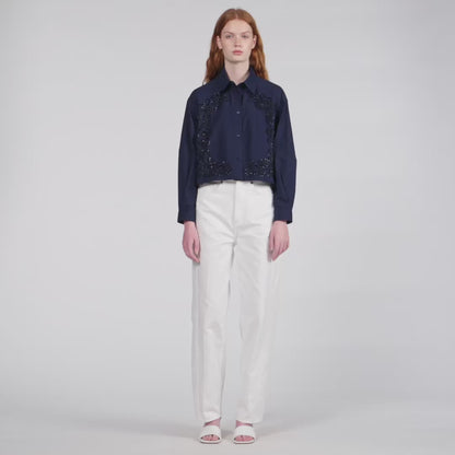Tiana Floral Embroidered Cotton Shirt Navy Blue