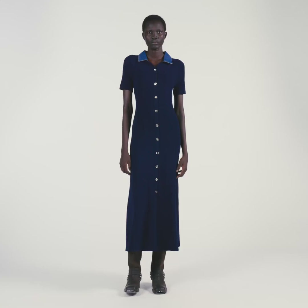 Julietta Denim Collar Knit Maxi Dress Navy Blue