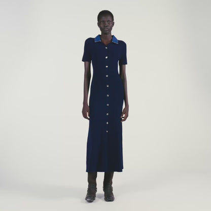 Julietta Denim Collar Knit Maxi Dress Navy Blue