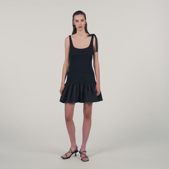 Dual-Material Short Dress Black