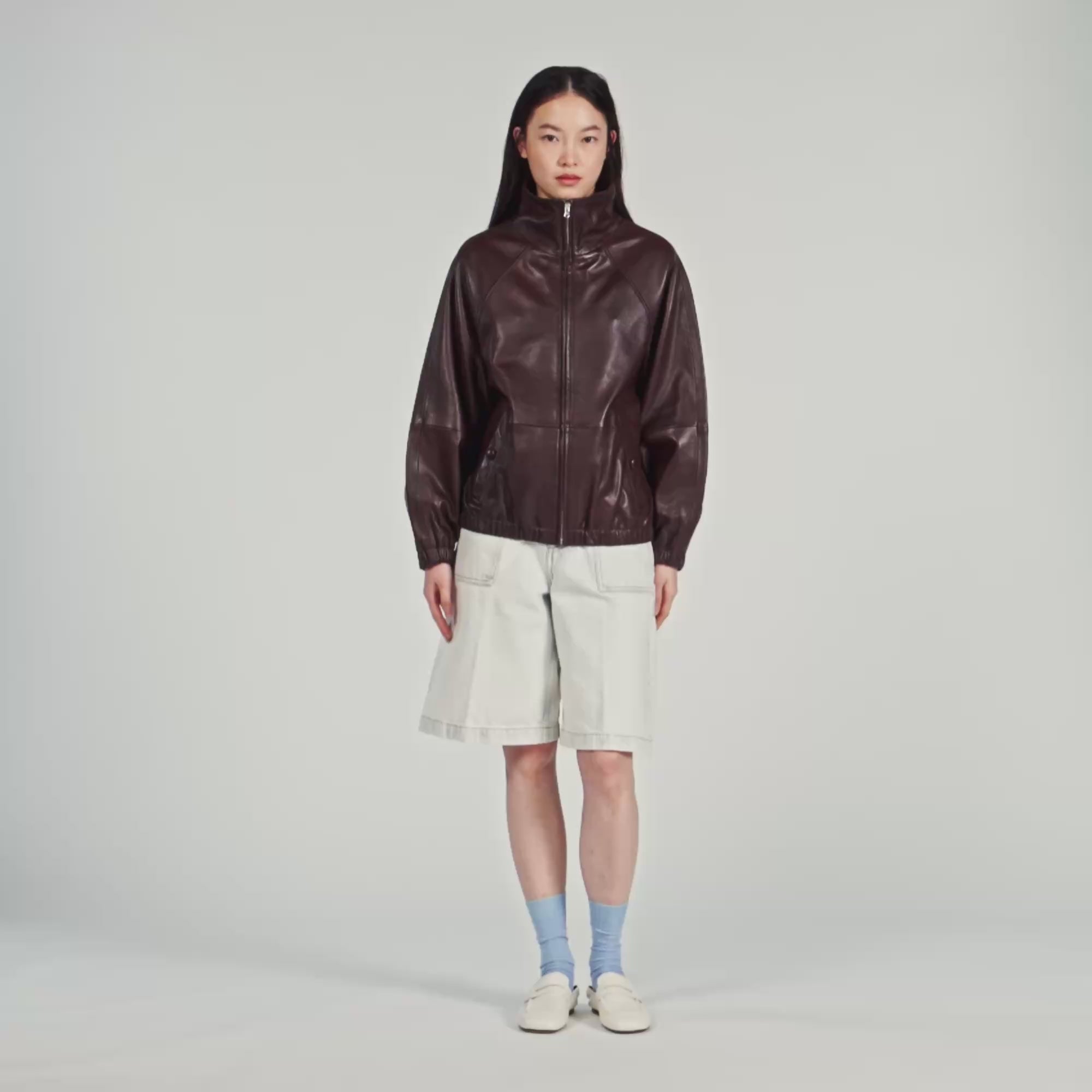 Jordan Oversized Zip-Up Leather Jacket Brown