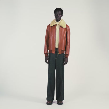 Leather Aviator Leather Jacket With Fur Collar Cognac