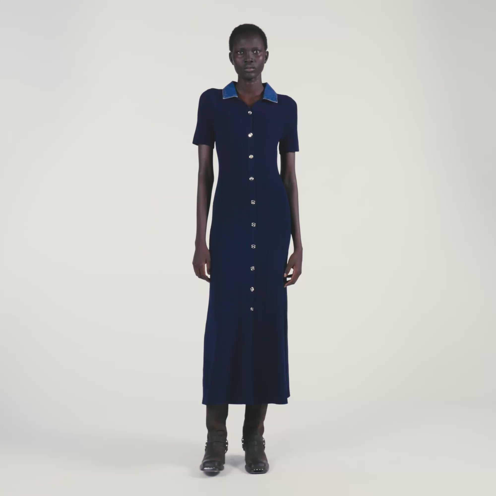 sandro knit and denim midi dress Julietta Denim Collar Knit Maxi Dress Navy Blue