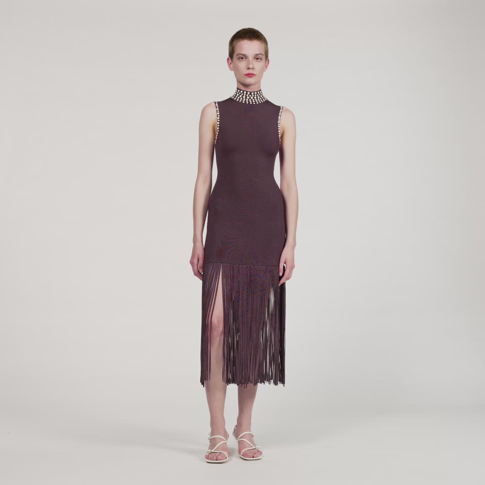 Cleopatre Fringed Knit Maxi Dress Brown