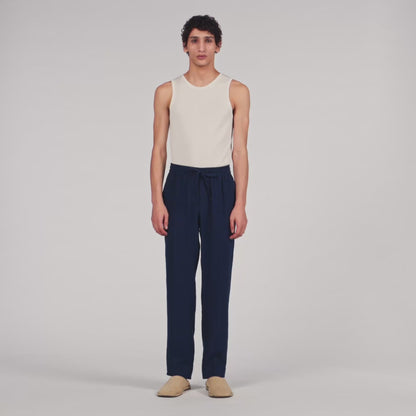 Alpha Linen Straight-Leg Linen Trousers Navy Blue