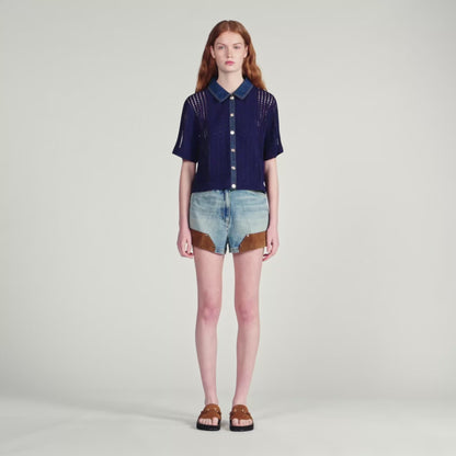 Marea Crochet And Denim Cardigan Navy Blue