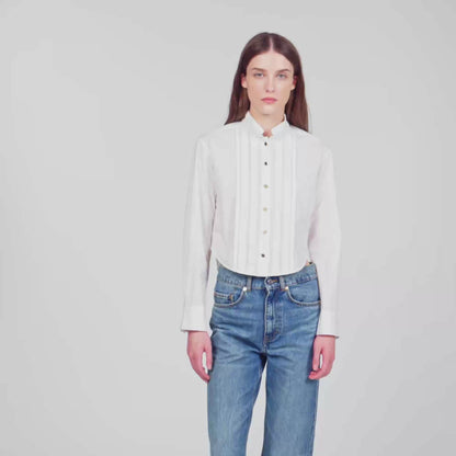 Abigail Pleated shirt with origami collar White