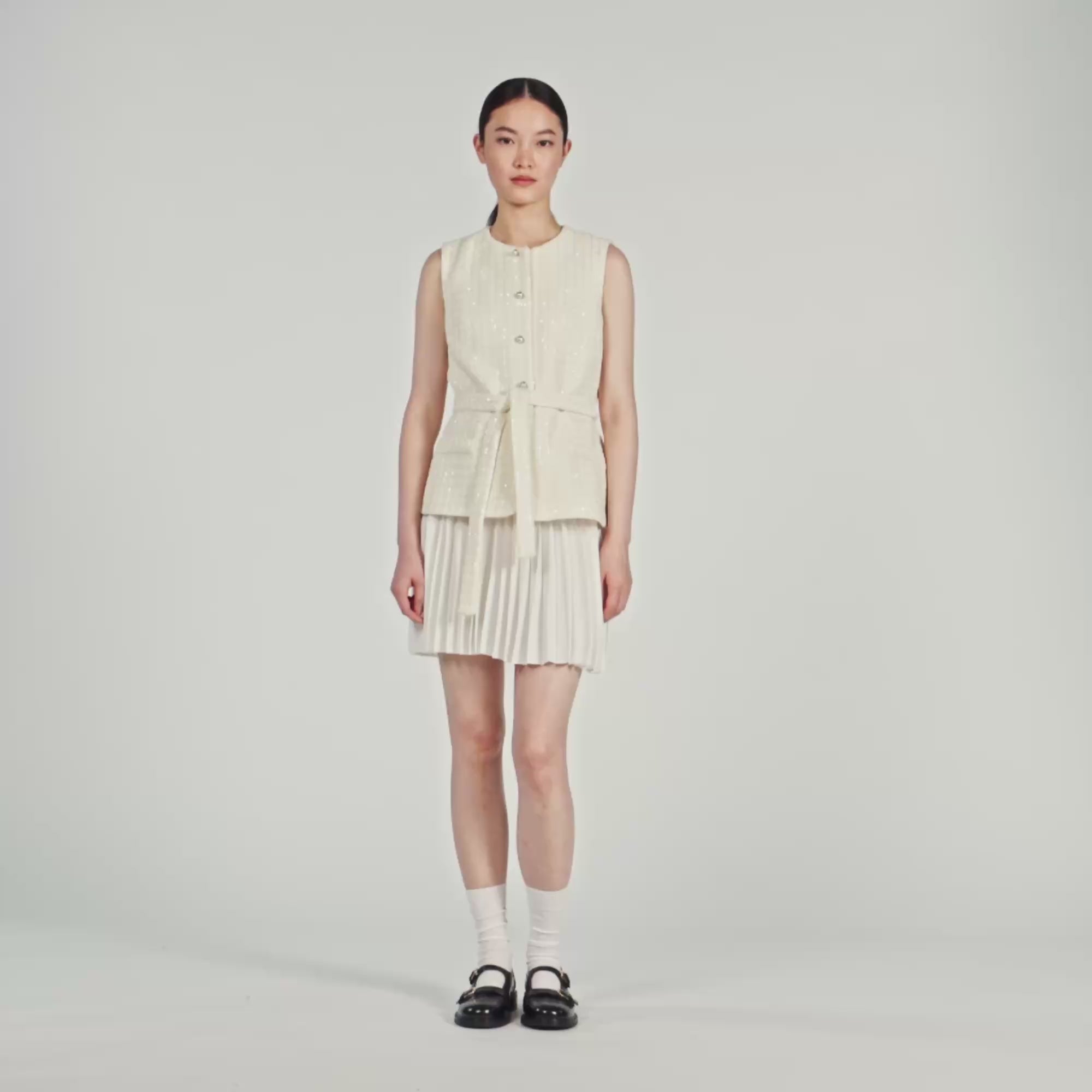 Bloom Two-Material Short Dress Ecru