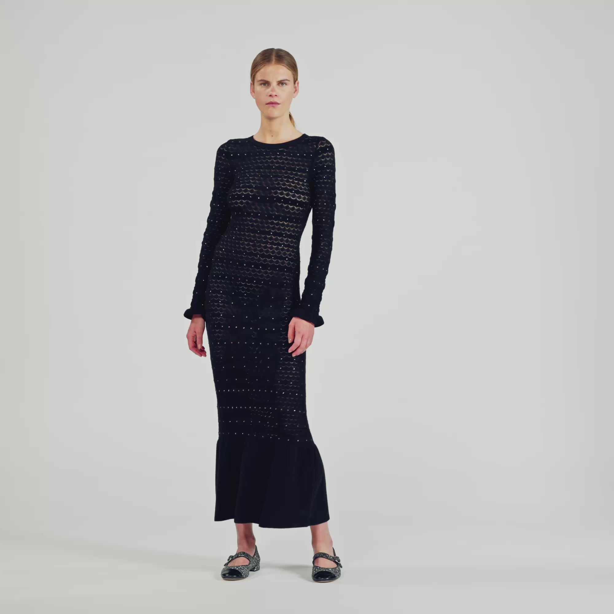 Clemence Rhinestone Knit Maxi Dress Black