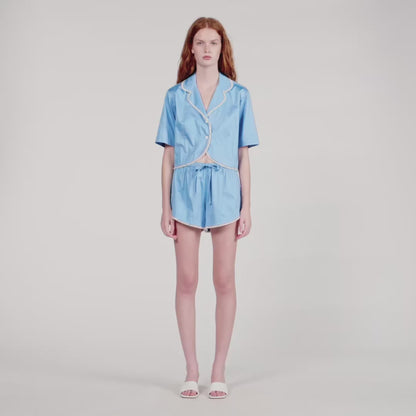 Justinn Beaded Trim Cotton Shorts Blue