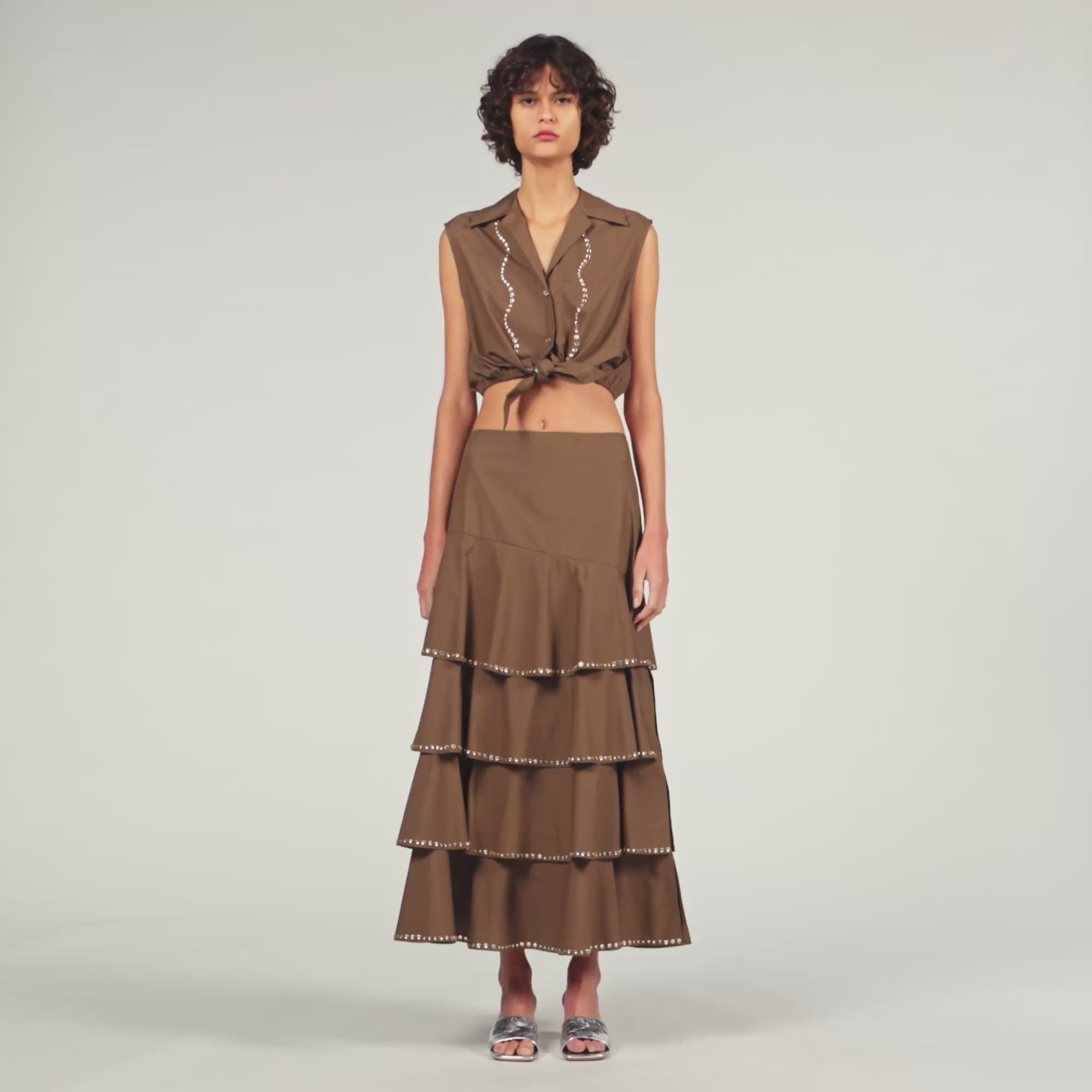 Long Ruffled Rhinestone Skirt Brown